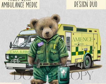 Paramedic Teddy Bear & Ambulance Illustration: Personalized Design (JPEG, PNG)