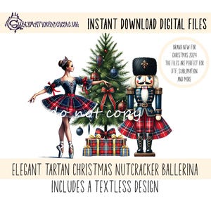 Elegante Bailarina de Natal, Quebra-nozes, Design de Sublimação de Natal Tartan em JPEG e PNG Arquivos para Download Instantâneo Natal Escocês