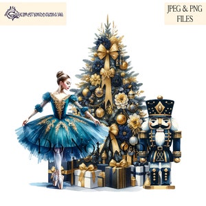 Elegante bailarina de Natal, quebra-nozes, design de sublimação de Natal marinho e dourado em arquivos de download instantâneo JPEG e PNG, Natal marinho