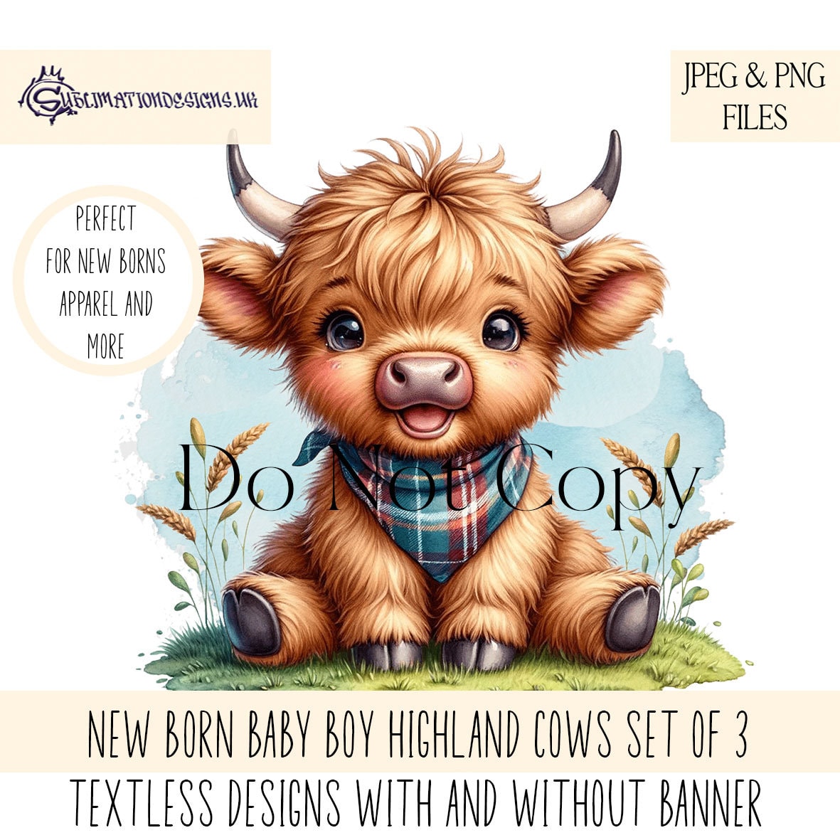 Ontwerpset Highland Cow babyjongen: slabbetje met Schotse ruit (JPEG, png)