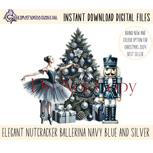 Elegante bailarina de Natal, quebra-nozes, design de sublimação de Natal marinho e prateado em arquivos JPEG e PNG para download instantâneo Natal rosa