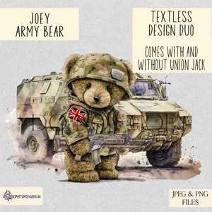 Ilustración de oso de peluche con temática militar con vehículo militar / Personalizar con su propio texto Archivos PNG y JPEG listos para sublimación