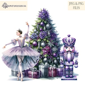 Elegante bailarina de Natal, quebra-nozes, design de sublimação de Natal lavanda em arquivos JPEG e PNG para download instantâneo Natal roxo