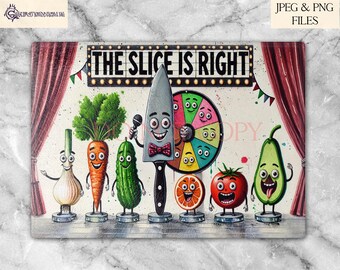 Funny Kitchen Game Show PNG: Chef Knife, Diced Fruit & Veg Art (Digital Download)
