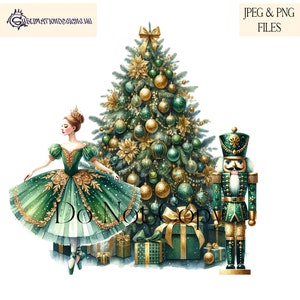 Elegante bailarina de Natal, quebra-nozes, design de sublimação de Natal verde e dourado em arquivos JPEG e PNG para download instantâneo.