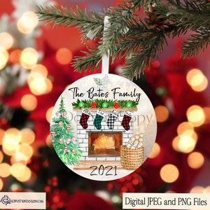 Weihnachts-Familien-Strumpf auf einem Kamin-Designs-Set von 10, Sublimationsfertigen PNG- und JPEG-Digital-Download-Dateien, personalisiertes Geschenk
