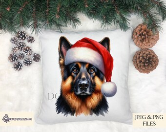 Watercolor German Shepherd Christmas Designs: Santa Hat (JPEG, PNG)