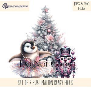 Elegante pinguim bailarina de Natal, quebra-nozes, design de sublimação de Natal rosa e prateado em arquivos de download instantâneo JPEG e PNG
