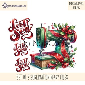Weihnachts-Nähsublimations-Designset, elegante Nähmaschine JPEG und PNG in rotem und grünem Farbschema, lassen Sie es nähen Sofort-Downloads