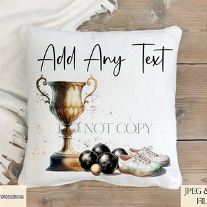 May include: White pillow with a gold trophy, bowling balls, and bowling shoes. The text "Add Any Text" is printed on the pillow. The text "Do Not Copy" is also printed on the pillow.