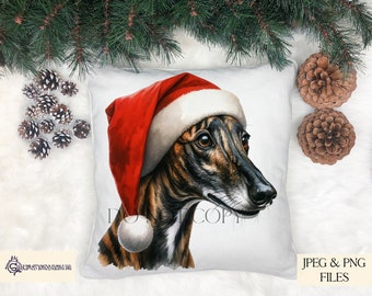 May include: A white square cushion featuring a watercolour illustration of a greyhound wearing a red and white Santa hat. The dog has brown and black fur. The cushion is decorated with pine cones and evergreen branches.