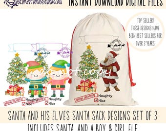 May include: Three digital designs for Santa sacks. One design features Santa Claus with a Christmas tree and presents. The other two designs feature elves with Christmas trees and presents. The text on the designs reads "Special Delivery" and "Naughty or Nice".