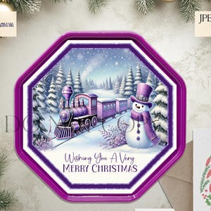 May include: A purple and white Christmas-themed tray with a winter scene featuring a train, snowman, and text that reads "Wishing You A Very Merry Christmas." The tray has a purple octagonal frame.