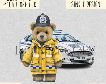 Police Themed Teddy Bear Illustration with British Police Car | Personalize with Your Own Text Sublimation Ready Design JPEG and PNG Files