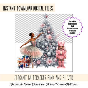 May include: Digital file featuring a ballerina in a pink and silver tutu, a pink nutcracker, and a decorated Christmas tree. Text includes "Instant Download Digital Files" and "Elegant Nutcracker Pink and Silver".