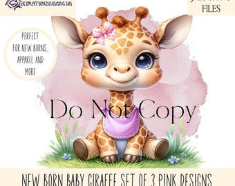 Giraffe-ontwerpset voor babymeisjes: roze slabbetje, tekstloos (jpeg-, png-downloads)