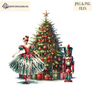 Elegante bailarina de Natal, quebra-nozes, design de sublimação de Natal vermelho e verde em JPEG e PNG para download instantâneo, Natal tradicional