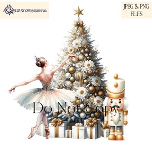 Elegante bailarina de Natal, quebra-nozes, design de sublimação de Natal branco e dourado em arquivos JPEG e PNG para download instantâneo.
