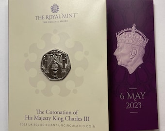 50p Crowned King Charles III 2023 presentation pack, with 'Brilliant Uncirculated' (highest grading of a coin) - Official Royal Mint pack