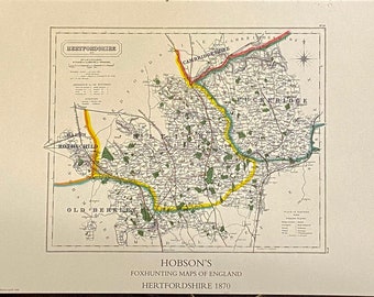 Hertfordshire Foxhunting Map 1870 - Puckerridge & Hertford hunts   - 600x420mm limited to 100