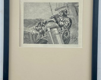 R.N.Navy Atlantic Storm on a Destroyer  by Snaffles - An original 1935 print - Framed