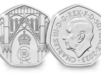 New 50p King Charles 3 2023 Coronation coin, issued 10 August 2023-from sealed bags from Royal Mint, presented in clear sealed case - 1 coin