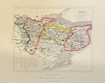 Kent Foxhunting Map 1870 - East Kent, The Tickham, West Kent hunts   - 600x420mm limited to 100