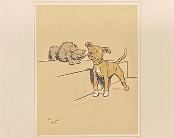 Dog Days, dog teases the cat by Cecil Aldin original 1935 print, cream mount and plain black frame