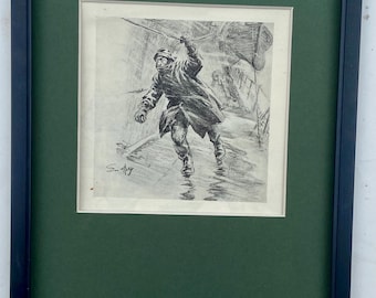 R.N.Navy Atlantic Storm on a Destroyer - on deck with only a storm rail  by Snaffles - An original 1935 print - Framed