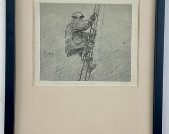 R.N.R.T. Navy Trawlers minesweeping climbing the rigging  by Snaffles - An original 1935 print - Framed