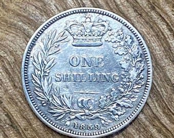 1859 Silver Shilling, Victoria.  Fine & Scarce. Sealed Capsule with hologram seal. UK Coin Hunter.