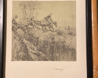 A Yawner by Snaffles original 1932 print framed black - Peshawar Vale Hunt - P.V.H.