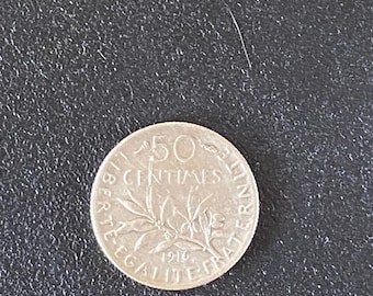 France 50 Centimes 1916 Silver  Coin Seed Sower nice grade. UK Coin Hunter.