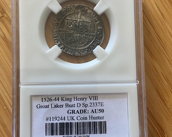Henry VIII silver groat. Second Coinage 1526-44 spinks 2337E. Grade AU50 !! Sealed hologram capsule #119244. UK Coin Hunter.