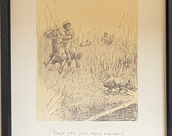 Snaffles original 1932 print framed black - “Blast Yer, You Crafty Old Devil” - pigsticking in India - using polo ponies