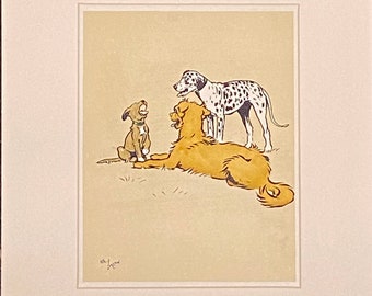 Dog Days, group of dogs by Cecil Aldin original 1935 print, cream mount and plain black frame