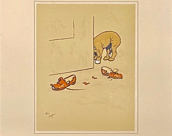 Dog Days, dog chews a slipper by Cecil Aldin original 1935 print, cream mount and plain black frame