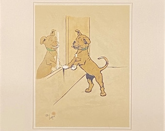Dog Days, Puppy in the mirror by Cecil Aldin original 1935 print, cream mount and plain black frame