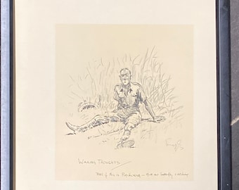 Waking Thoughts by Snaffles. original 1932 print framed black pig-sticking in India