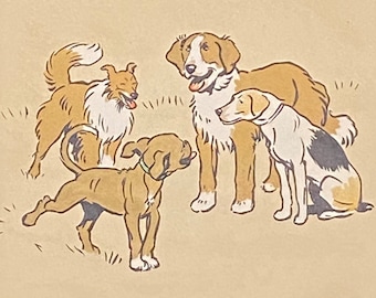 Dog Days, group of dogs by Cecil Aldin original 1935 print, cream mount and plain black frame