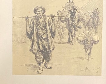 A Kabuli Caravan By Snaffles Original 1932 Print Framed Black Frame. Indian army - Afgans