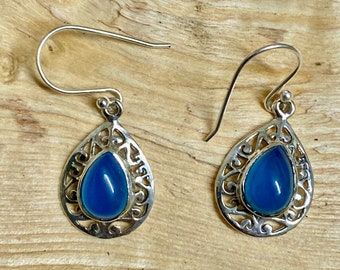 Aqua Chalcedony 925 Silver drop earrings handmade