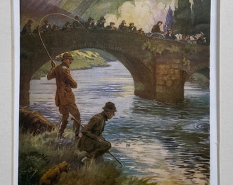 Got Him Bate By Snaffles Original 1932 Print Framed Black Frame. Salmon fishing in Ireland