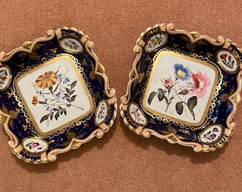 A Pair of Coalport Botanical Square Bowls 1820 . good condition no chips . colour excellent .