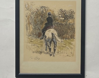 Lady side saddle By Snaffles Original Print 1932 Hand Colored Framed Black Frame. Hunting