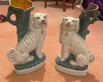 Pair of Antique Victorian Staffordshire Wally Mantle Dog Spill Vases