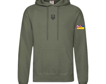 Ukrainian Trident emblem Hoodie split Ukraine United Kingdom flag on sleeve. sizes S to 4XL fruit of Loom original Fleece Hoodies.