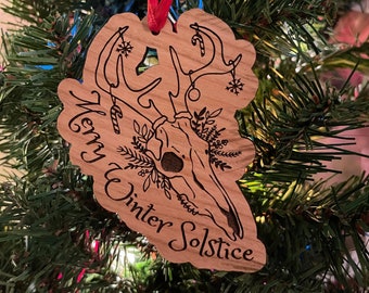 Merry Winter Solstice Pentagram Ornament Cherry Hardwood X-mas Holiday Pagan Pentagram Pentacle Yule Deer Stag Reindeer Druid Witch OBOD