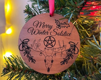 Merry Winter Solstice Pentagram Ornament Cherry Hardwood X-mas Holiday Pagan Pentagram Pentacle Yule Deer Stag Reindeer Druid Witch OBOD