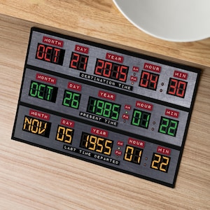 May include: A rectangular time display panel featuring three horizontal rows with digital readouts for Month, Day, Year, Hour, and Minute. The top row shows Destination Time, the middle row Present Time, and the bottom row Last Time Departed.
